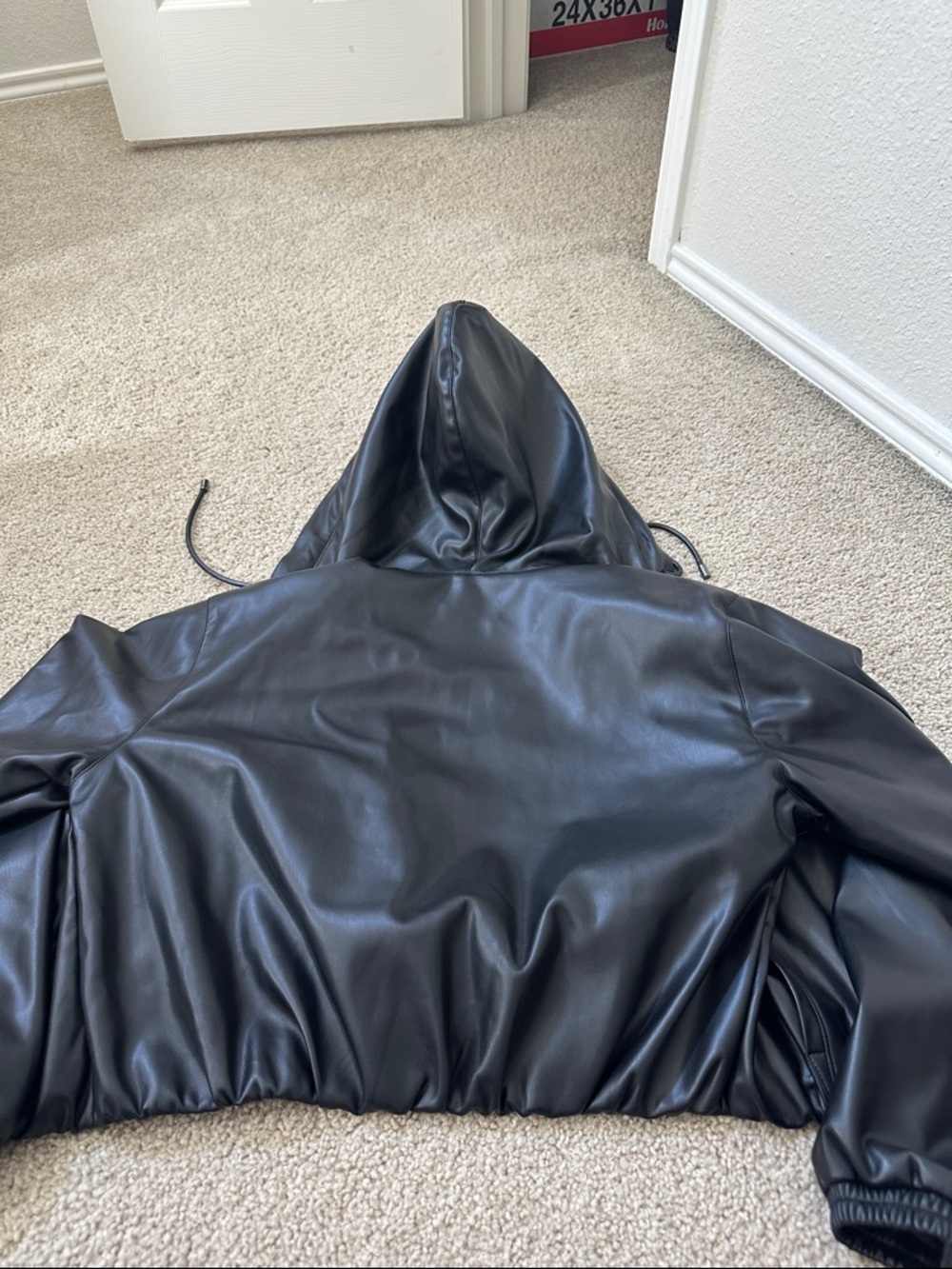 ALO Yoga Black Cropped Faux Leather Hooded Bomber Jacket - Picture 5 of 5